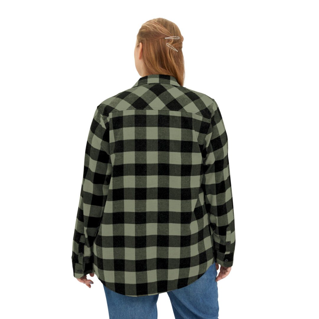 The back view of a woman wearing a BFR Logo - Unisex Flannel Shirt. The back view of a woman wearing a BFR Logo - Unisex Flannel Shirt.