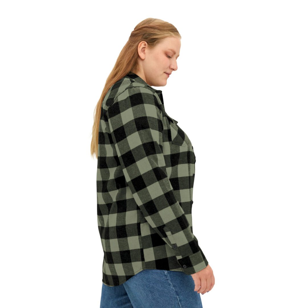 A woman wearing a BFR Logo - Unisex Flannel Shirt. A woman wearing a BFR Logo - Unisex Flannel Shirt.