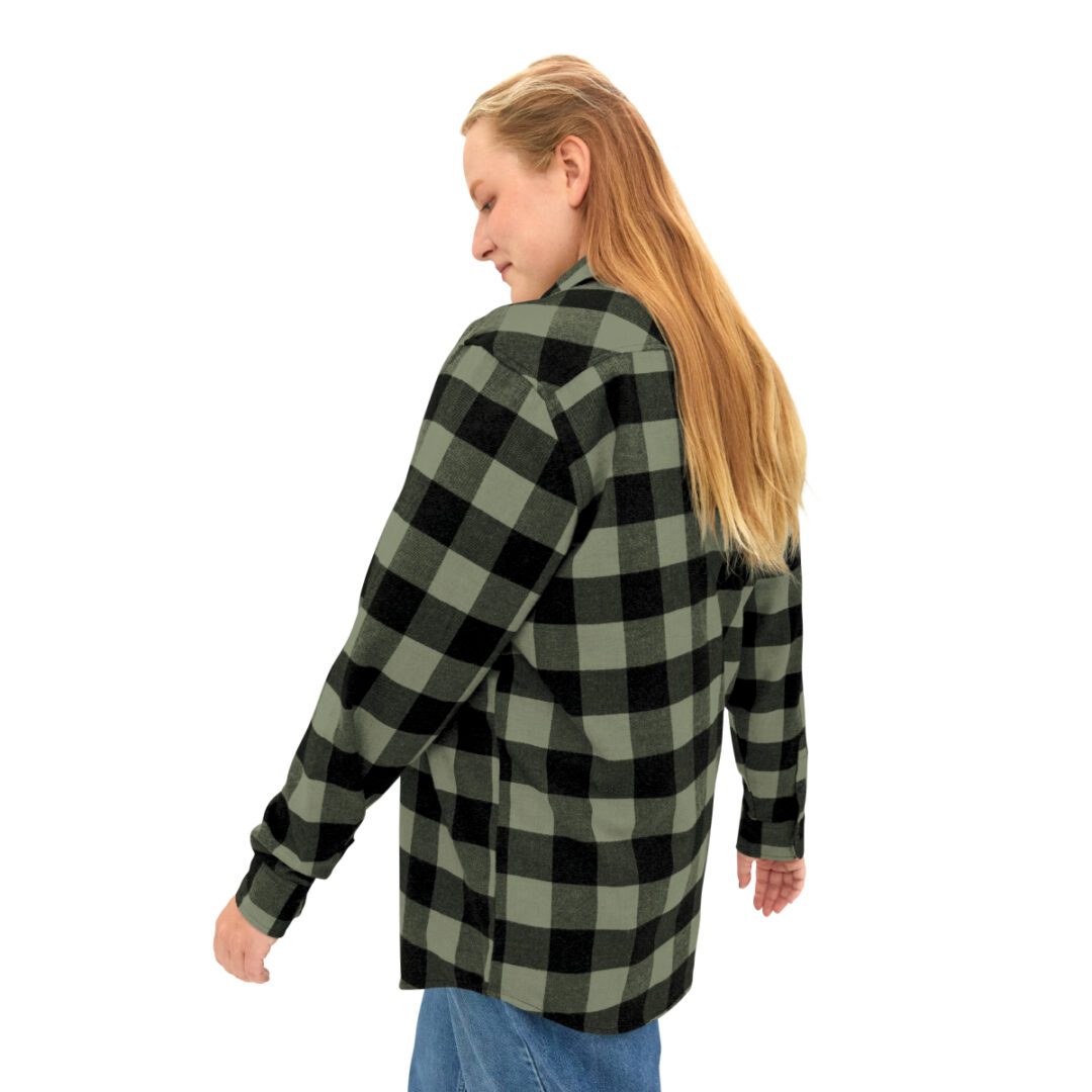 A woman wearing a BFR Logo - Unisex Flannel Shirt. A woman wearing a BFR Logo - Unisex Flannel Shirt.