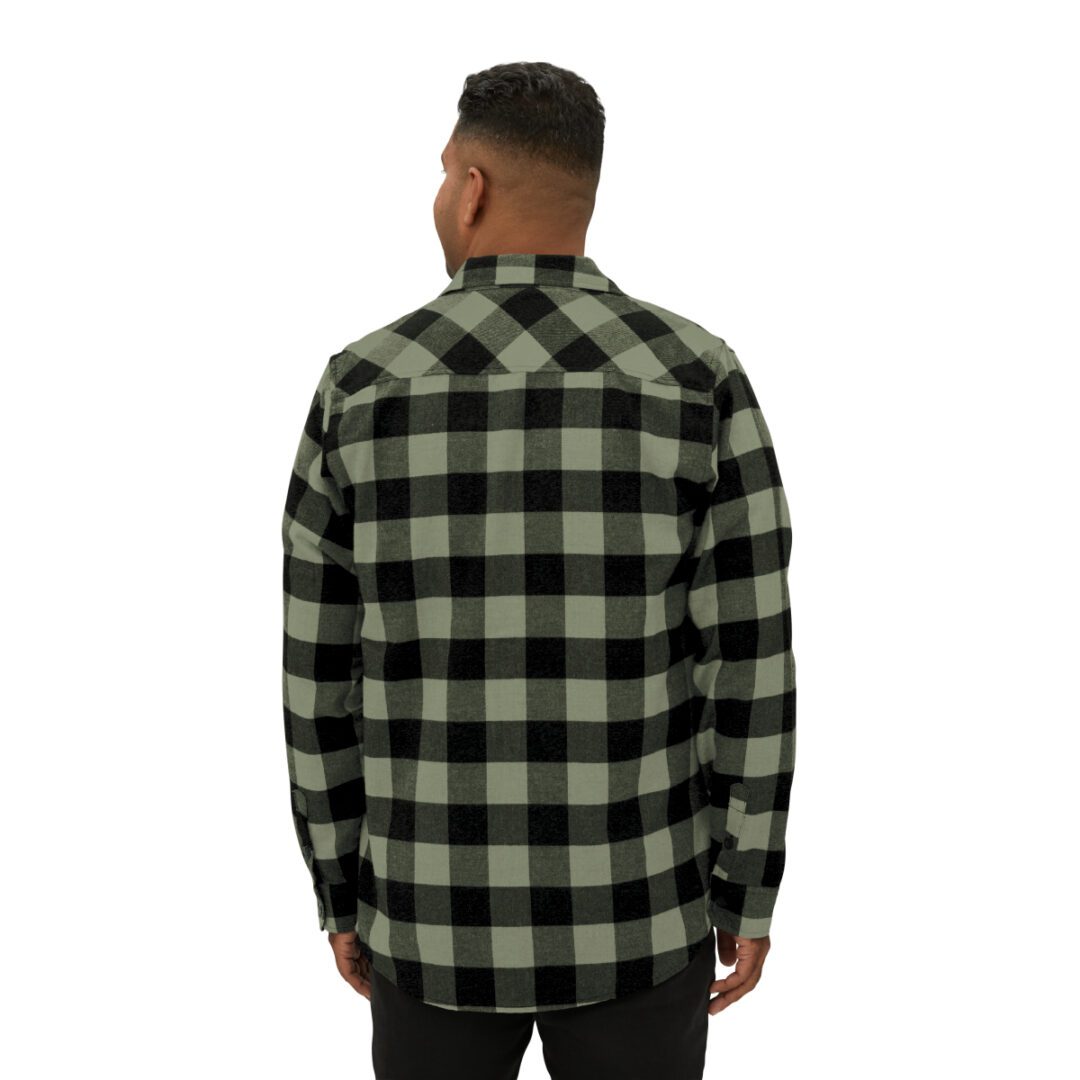 The back view of a man wearing a BFR Logo - Unisex Flannel Shirt. The back view of a man wearing a BFR Logo - Unisex Flannel Shirt.