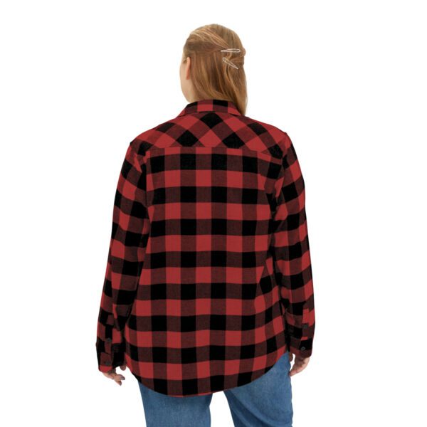 The back view of a woman wearing a BFR Logo - Unisex Flannel Shirt.
