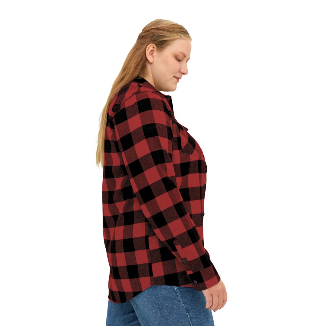 A woman wearing a red and black BFR Logo - Unisex Flannel Shirt. A woman wearing a red and black BFR Logo - Unisex Flannel Shirt.