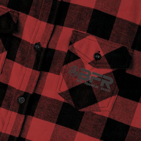 A red and black BFR Logo - Unisex Flannel Shirt with the word bfr on it.