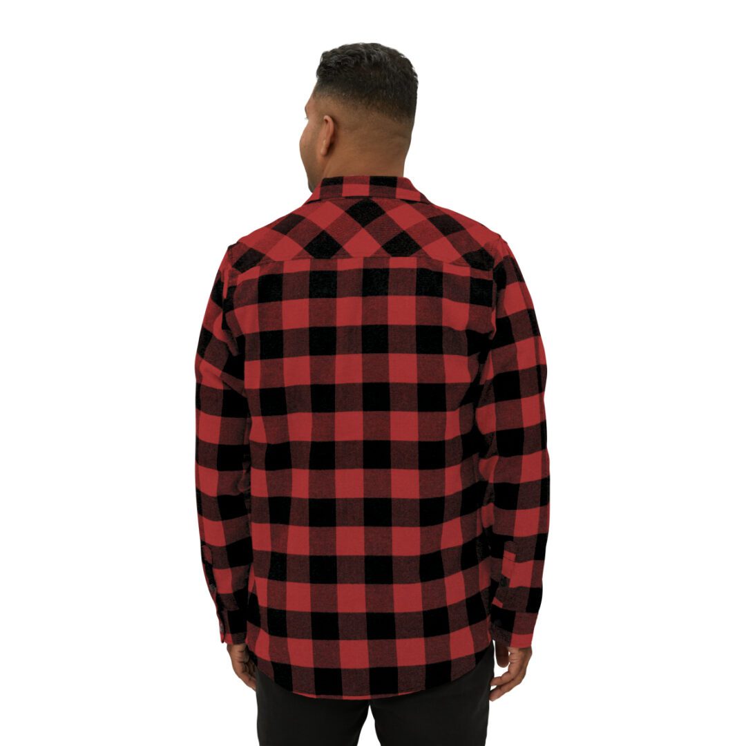 The back view of a man wearing a BFR Logo - Unisex Flannel Shirt. The back view of a man wearing a BFR Logo - Unisex Flannel Shirt.