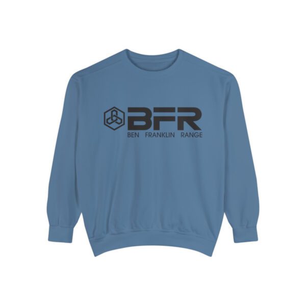 The BFR Logo - Unisex Garment-Dyed Sweatshirt on a blue sweatshirt.
