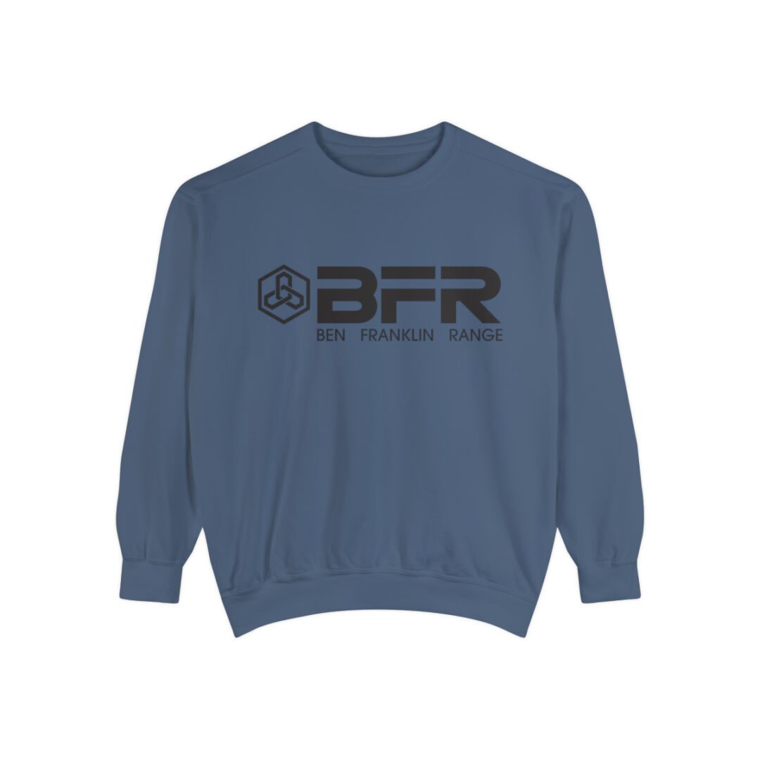 The BFR Logo - Unisex Garment-Dyed Sweatshirt on a blue sweatshirt.