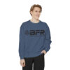 A man wearing a blue BFR Logo - Unisex Garment-Dyed Sweatshirt with the word bfr on it.