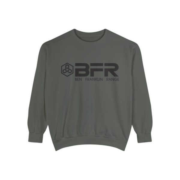 The BFR Logo - Unisex Garment-Dyed Sweatshirt on a grey sweatshirt.