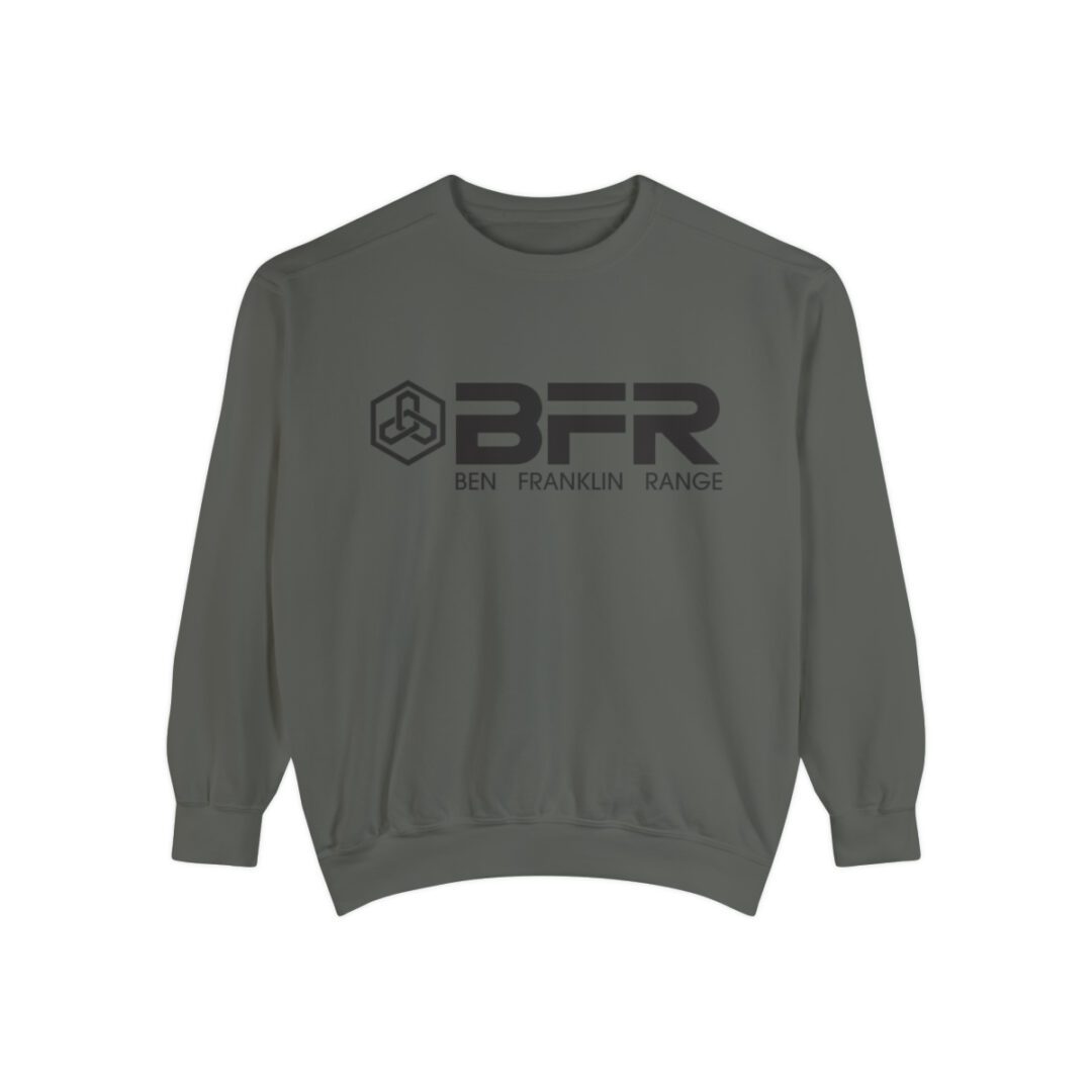 The BFR Logo - Unisex Garment-Dyed Sweatshirt on a grey sweatshirt.