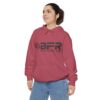 A woman wearing a red BFR Logo - Unisex Garment-Dyed Hoodie with the word bfr on it.