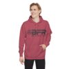A man wearing a maroon hoodie with the BFR Logo - Unisex Garment-Dyed Hoodie on it.