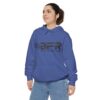 A woman wearing a BFR Logo - Unisex Garment-Dyed Hoodie with the word bfr on it.