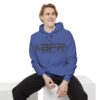 A man wearing a blue BFR Logo - Unisex Garment-Dyed Hoodie with the word bfr on it.