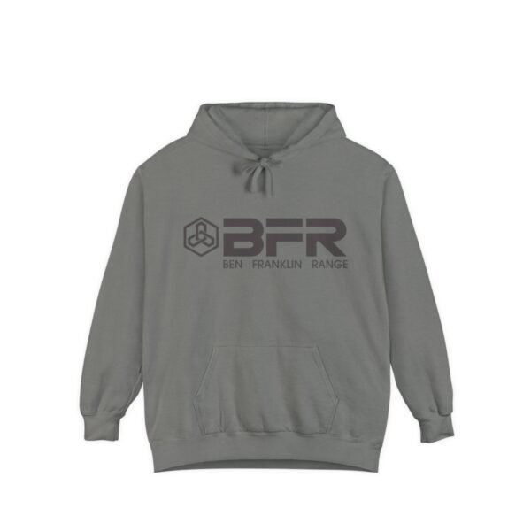 The BFR Logo - Unisex Garment-Dyed Hoodie on a grey hoodie.