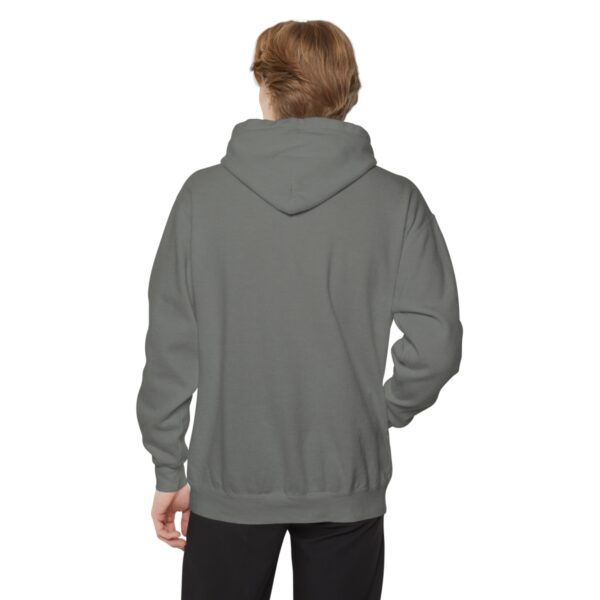 The back view of a man wearing a BFR Logo - Unisex Garment-Dyed Hoodie.