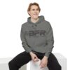 A man wearing a BFR Logo - Unisex Garment-Dyed Hoodie with the word bfr on it.