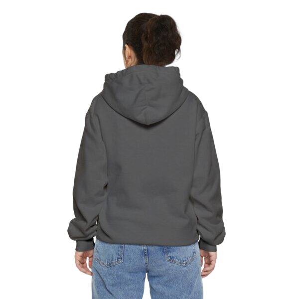 The back view of a woman wearing a BFR Logo - Unisex Garment-Dyed Hoodie.