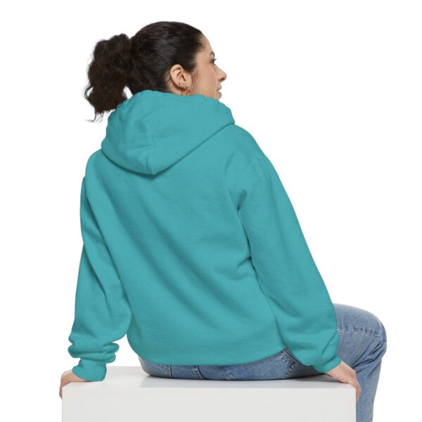 The back of a woman wearing a BFR Logo - Unisex Garment-Dyed Hoodie.