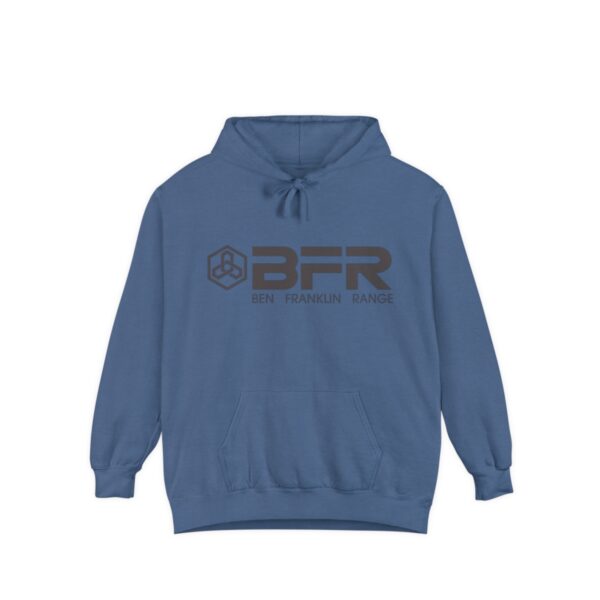 The BFR Logo - Unisex Garment-Dyed Hoodie on a blue hoodie.