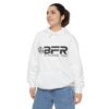 A woman wearing a white BFR Logo - Unisex Garment-Dyed Hoodie with the word bfr on it.