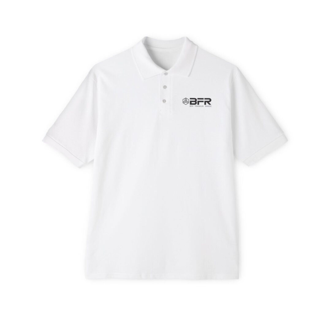 White polo shirt with BFR logo.