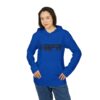 Woman wearing blue BFR hoodie, hands in pockets.