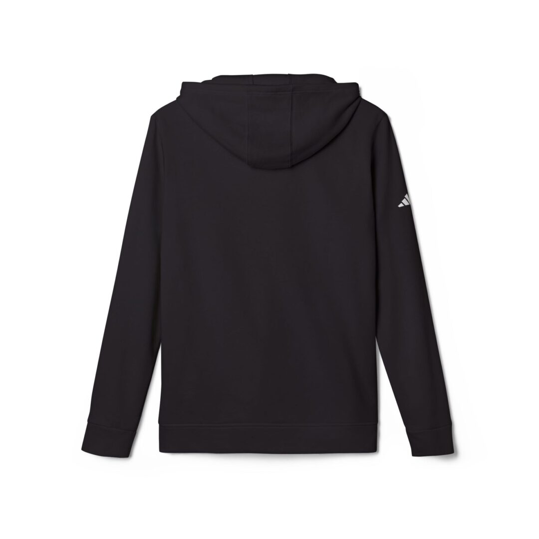 Black hoodie with logo on sleeve.