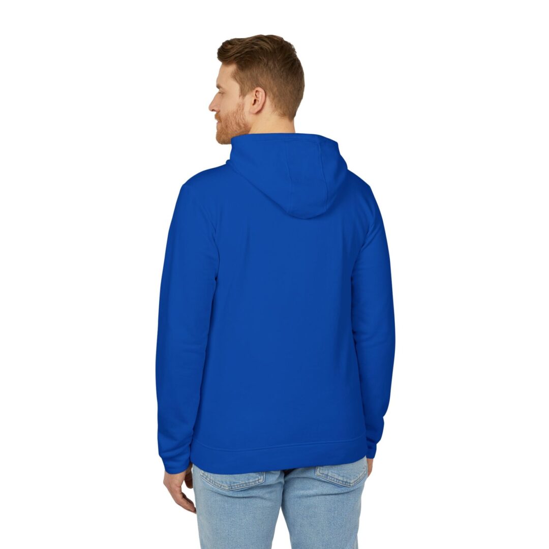 Man wearing blue hoodie, facing away.