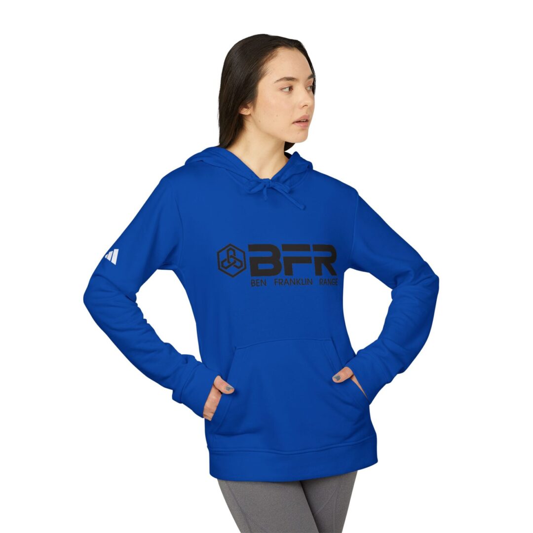 Woman in blue BFR logo hoodie.