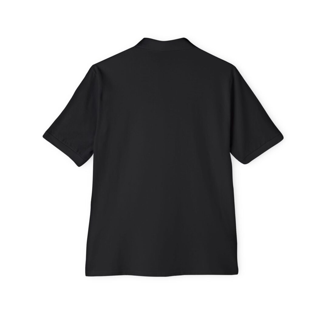 Back view of a black polo shirt.