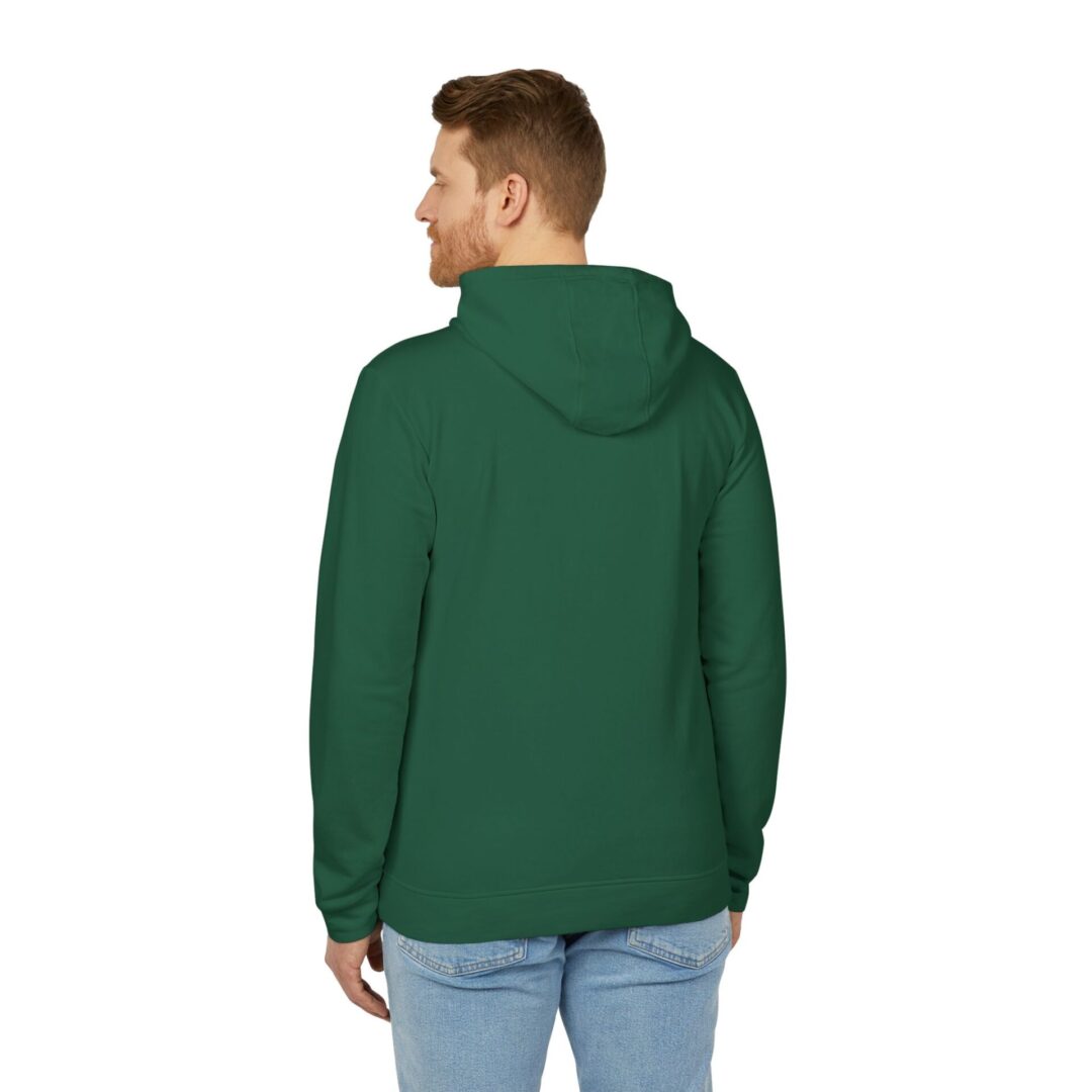 Man wearing green hoodie and jeans, back view.