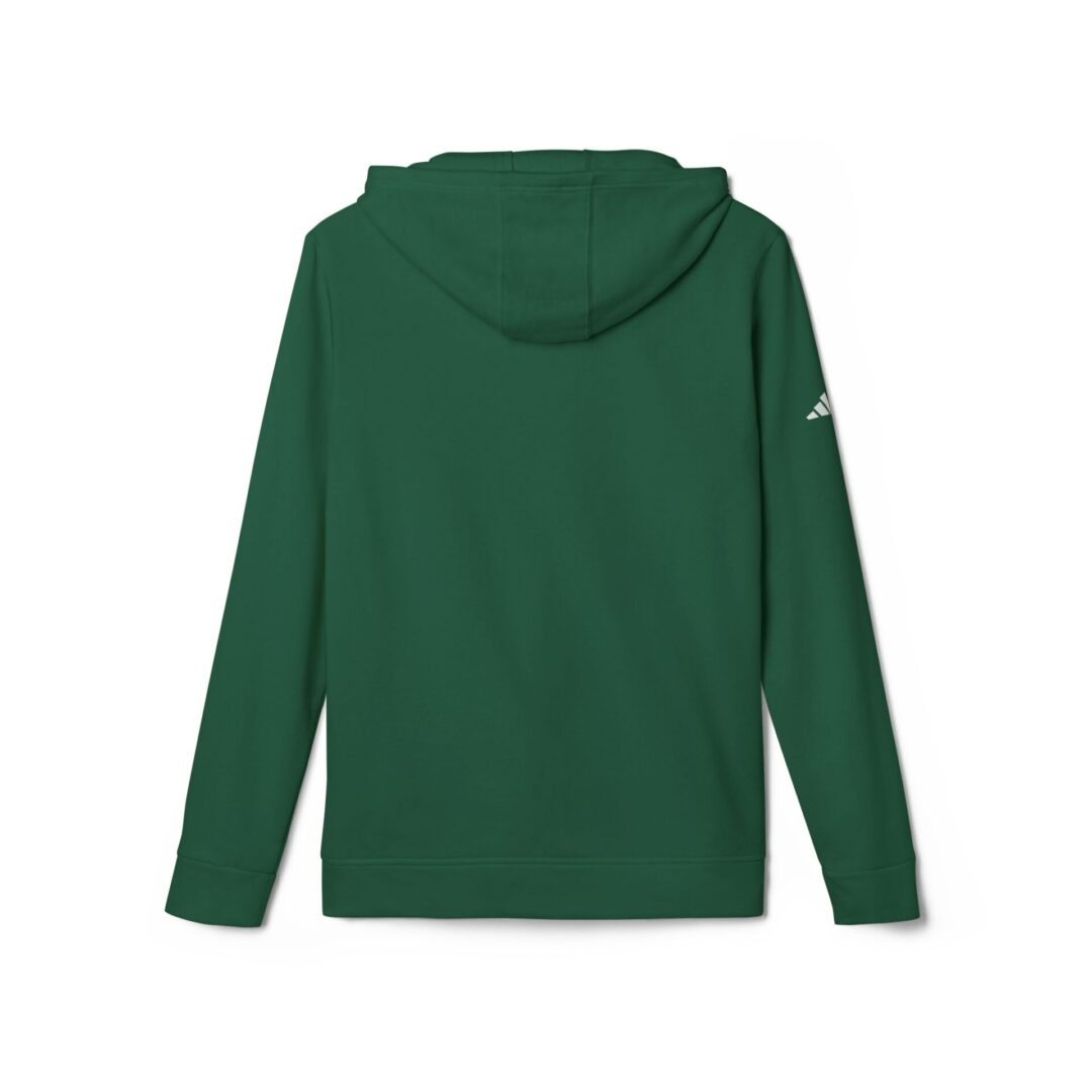 Green hoodie, back view with logo.