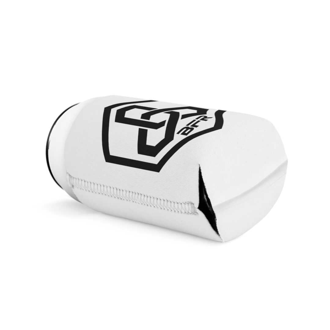 White can cooler with black logo design.