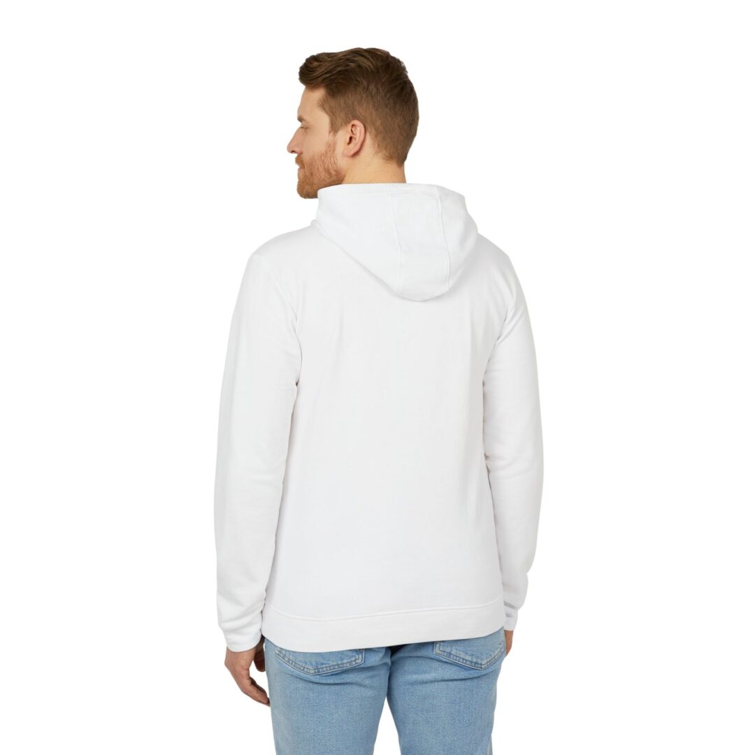 Man in white hoodie facing away.