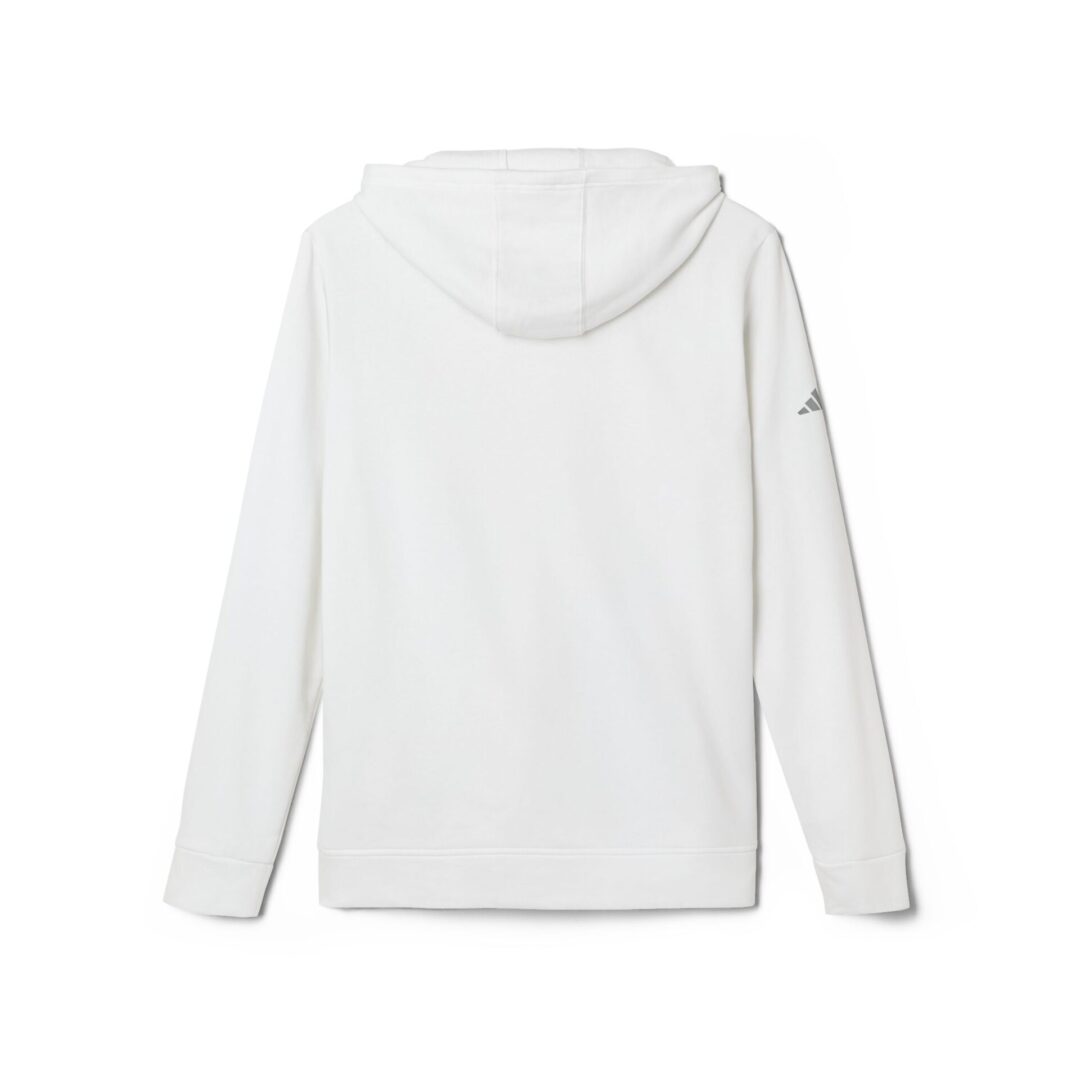 White hoodie viewed from the back.