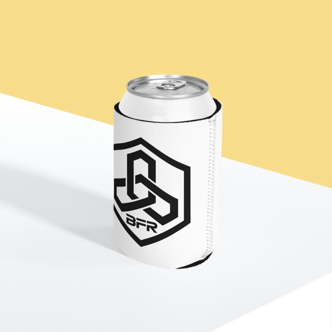 Drink can in branded white holder.