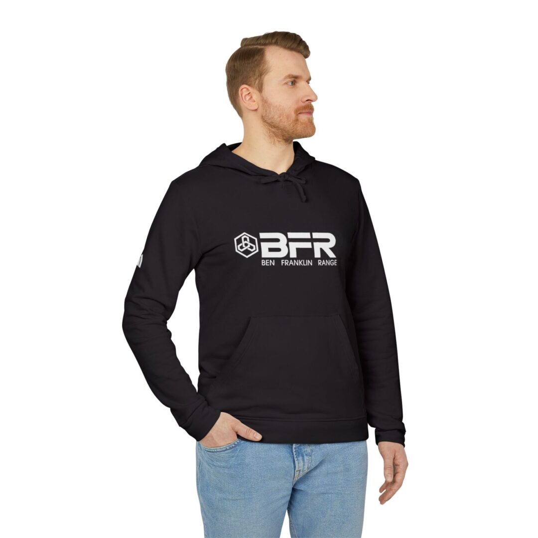 Man wearing black BFR hoodie, looking sideways.
