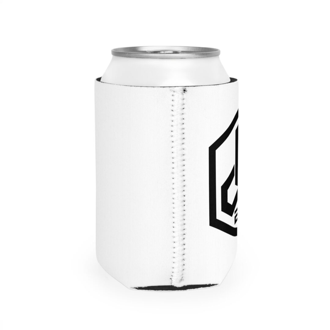 White can cooler with black logo design.