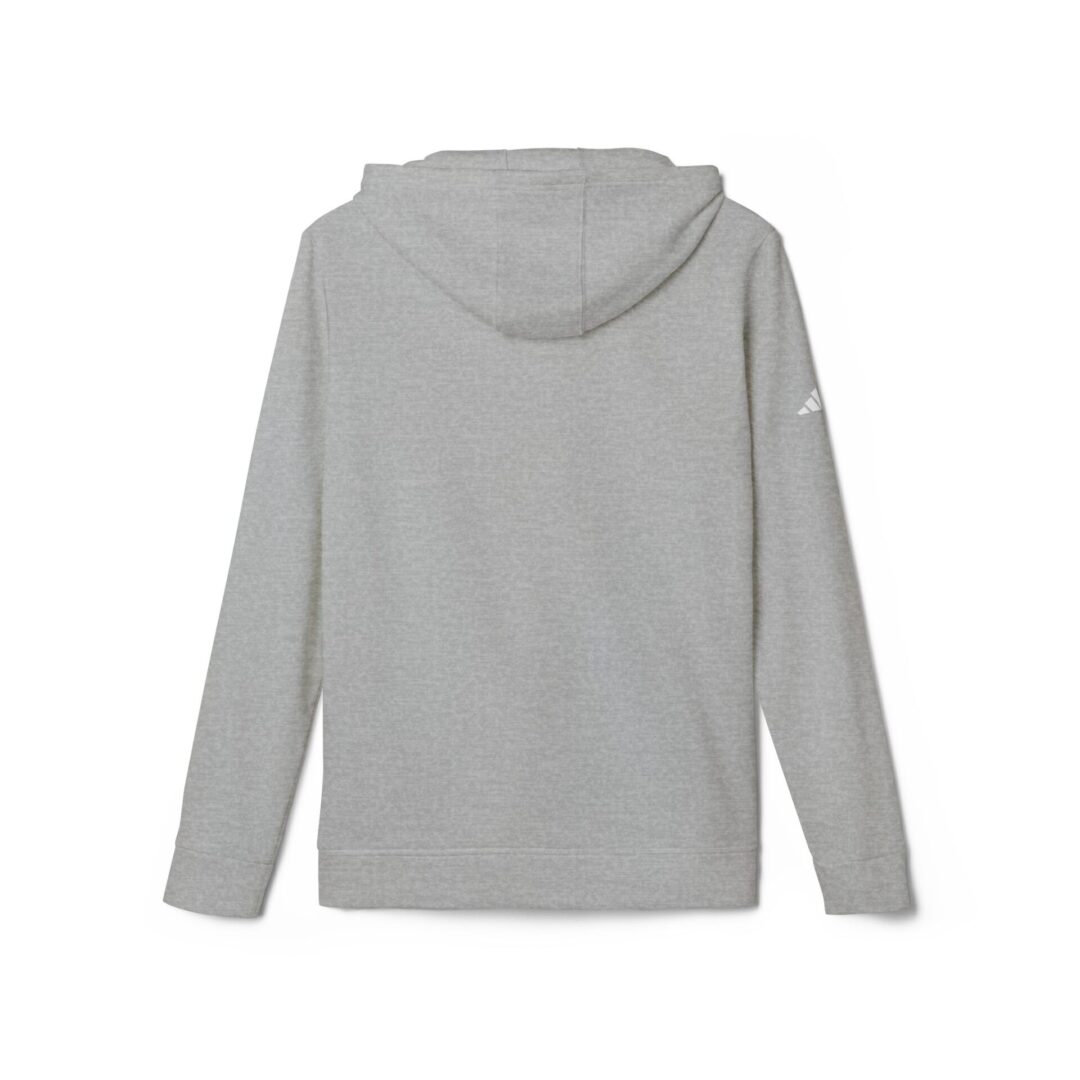 Gray hoodie, back view, plain design.