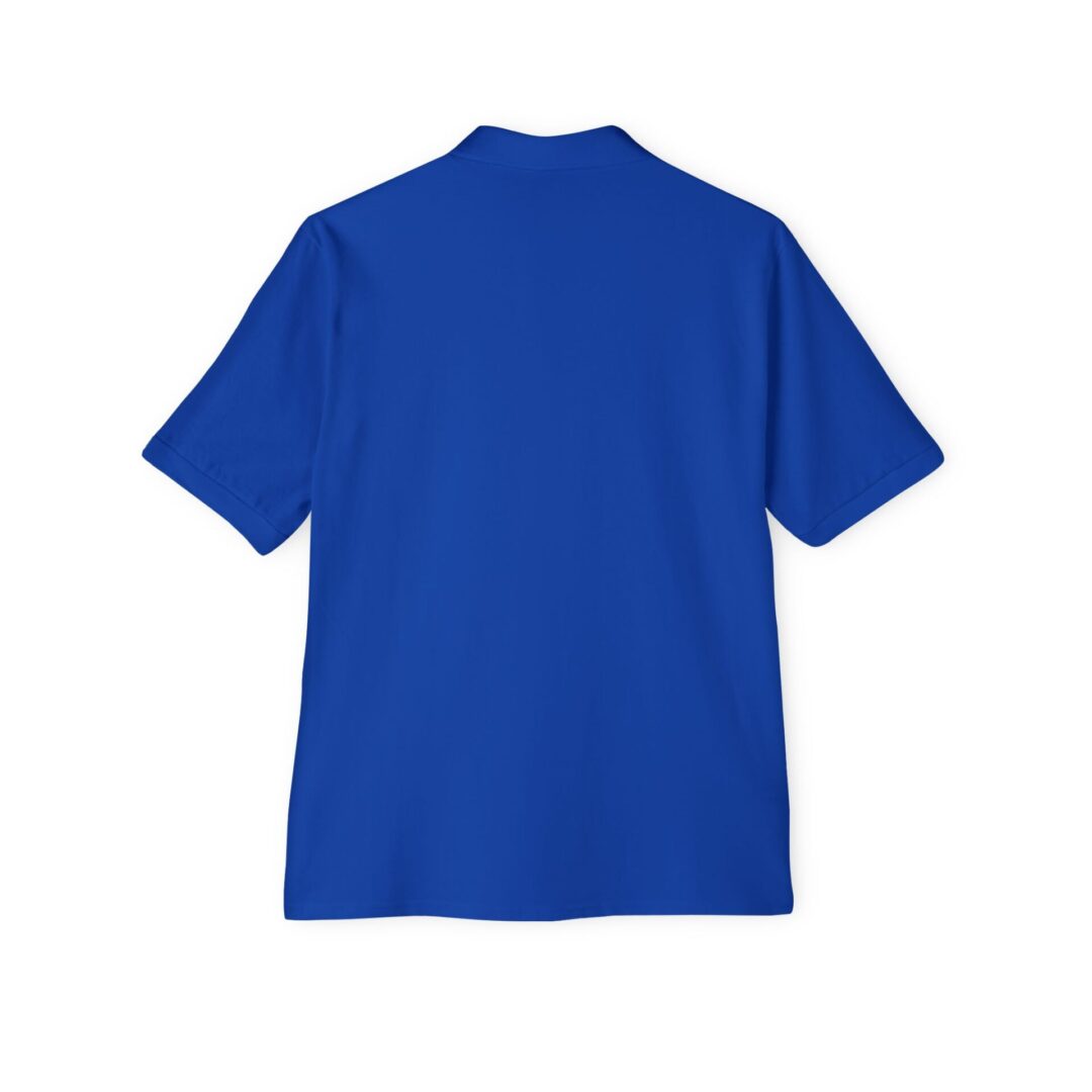 Blue short-sleeve collared shirt, back view.