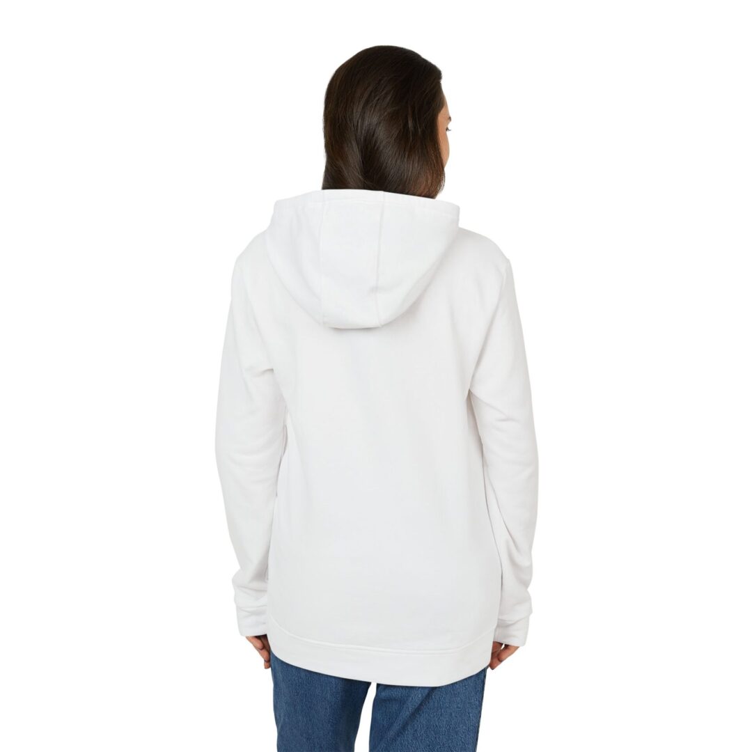 Woman wearing white hoodie and jeans, rear view.