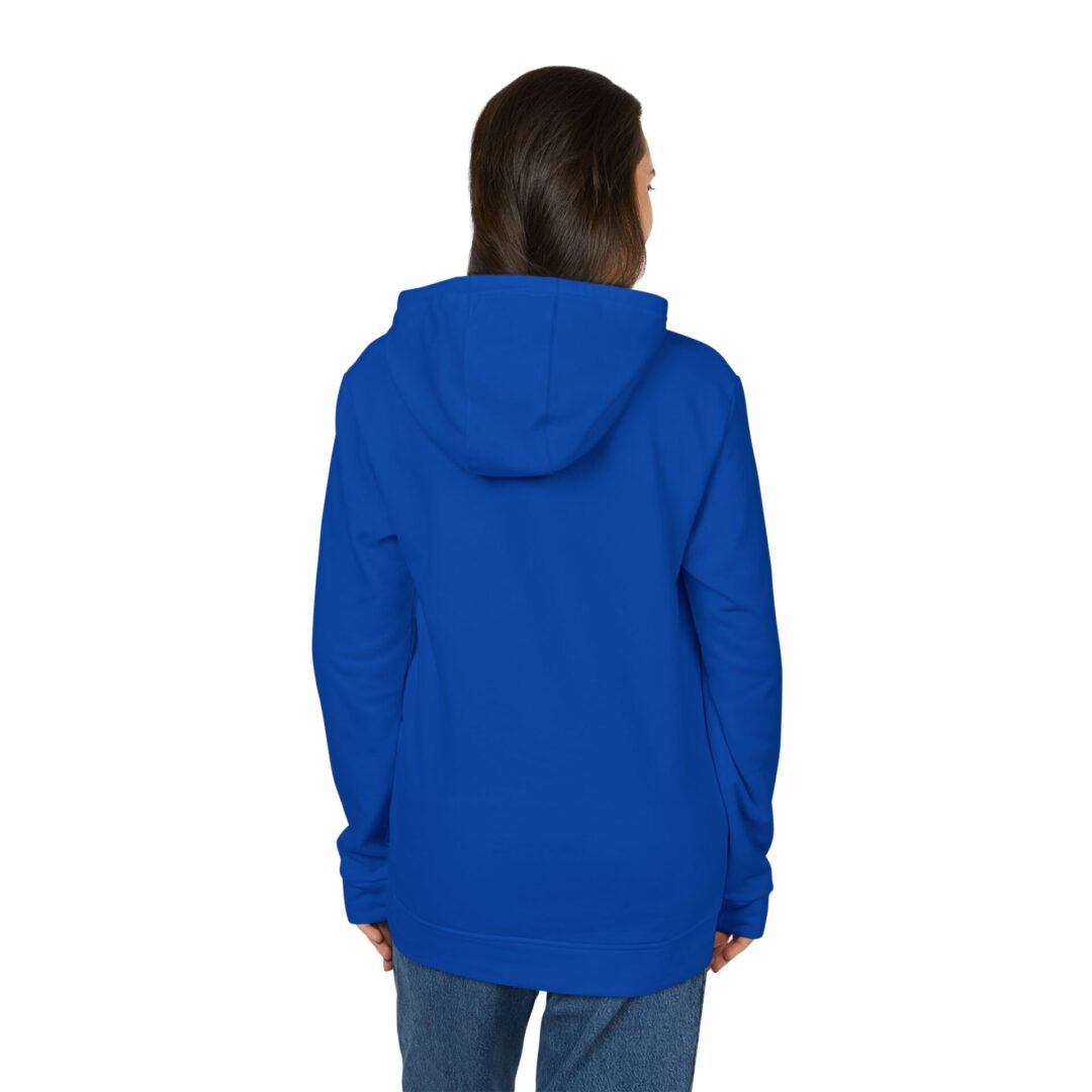 Person wearing blue hoodie, facing away.