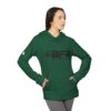 Woman wearing a green hoodie, side view.