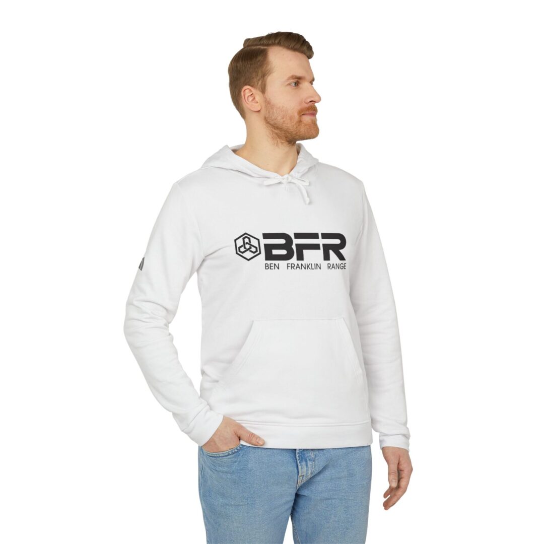 Man wearing white BFR hoodie, looking sideways.