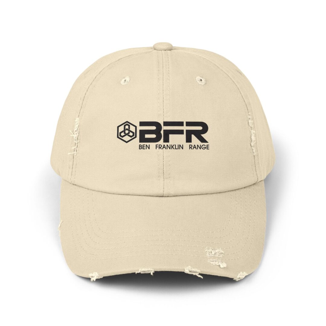 Beige distressed dad hat; Ben Franklin Range logo.
