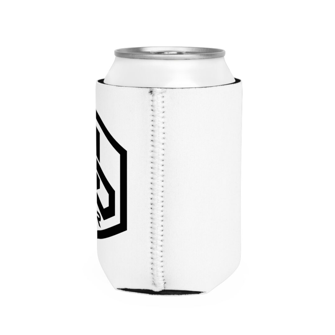 Can in white koozie with black design.