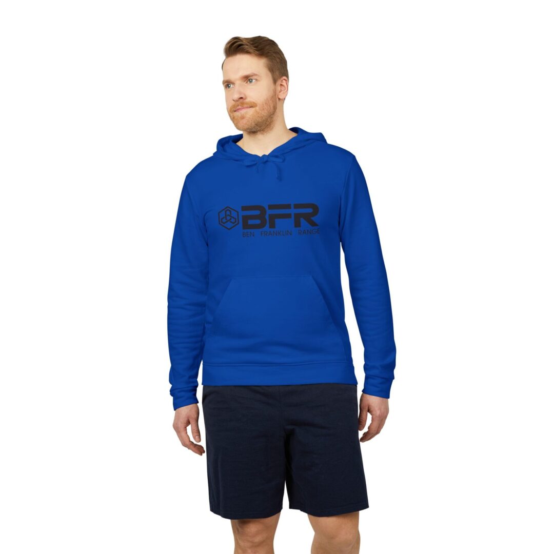 Man wearing blue BFR hoodie and shorts.