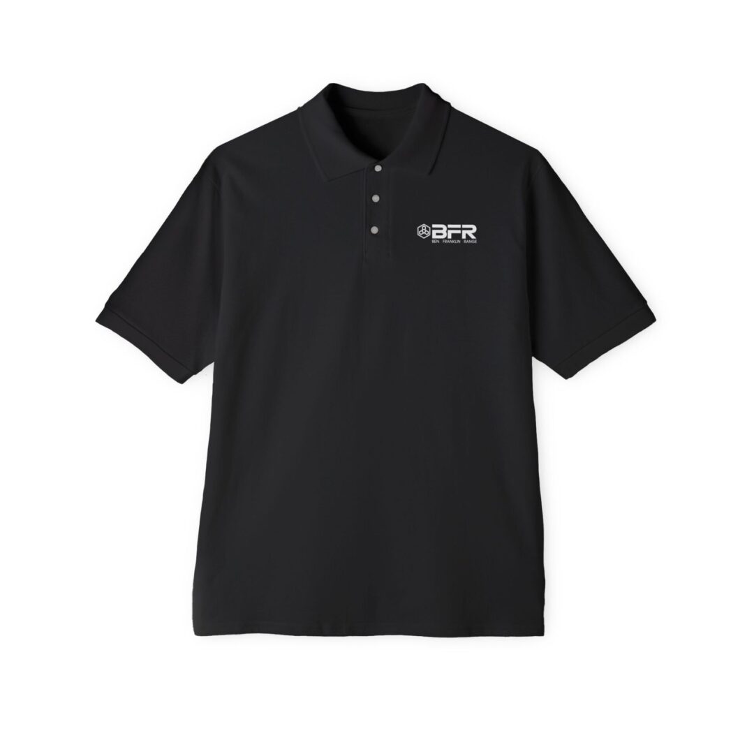 Black polo shirt with BFR logo.