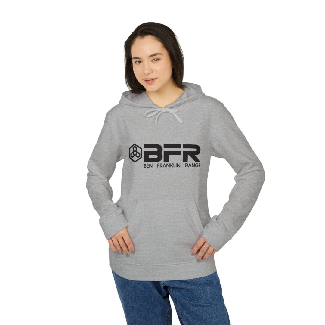 Person wearing gray hoodie with BFR logo.