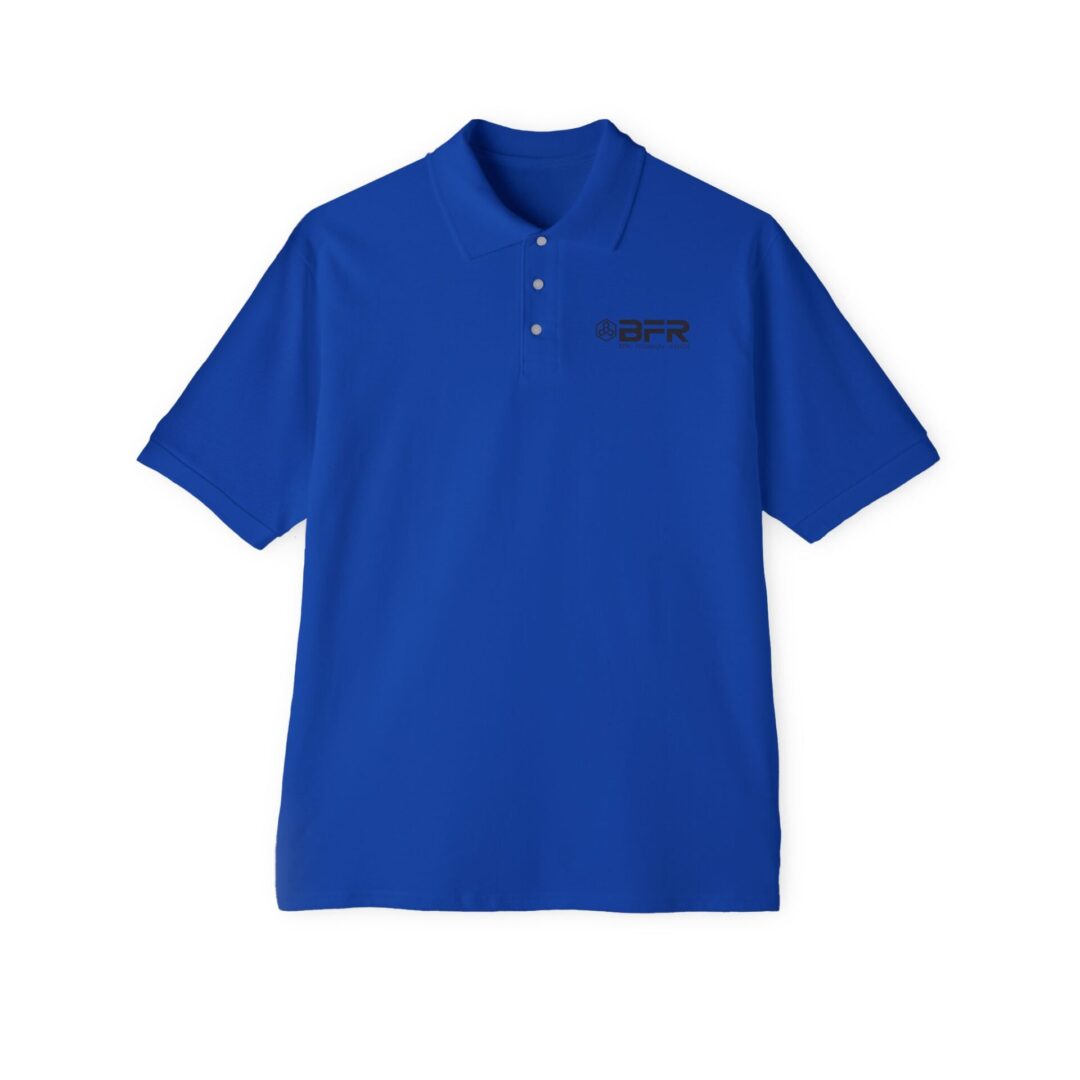 Blue polo shirt with BFR logo.